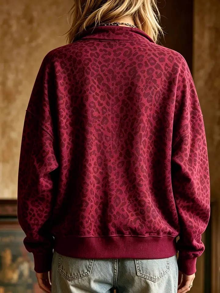 Leopard Print Half Zip Oversized Pullover Sweatshirt