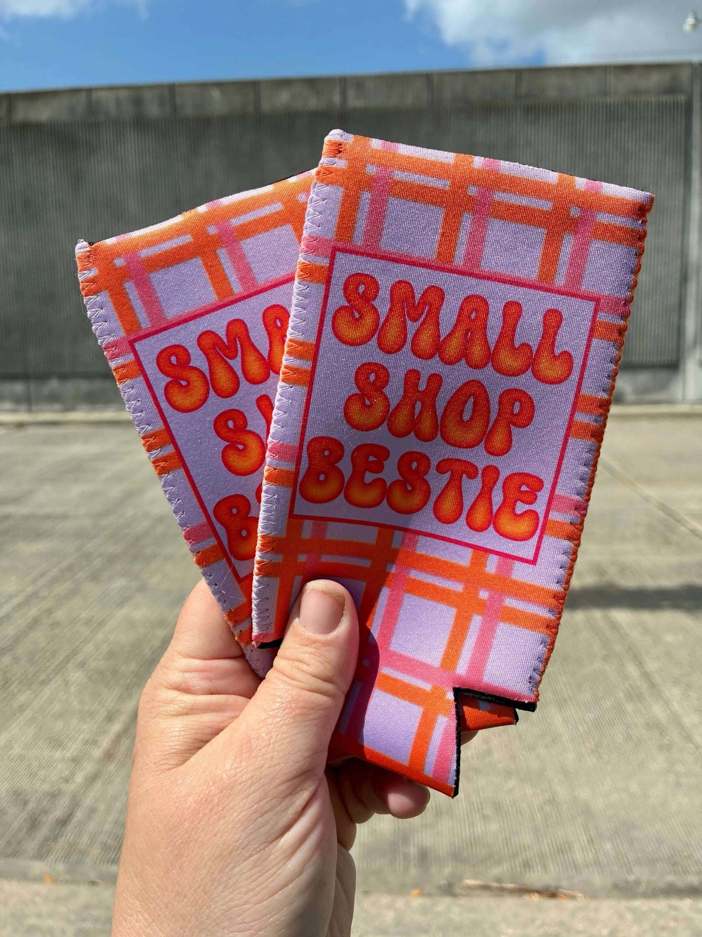 Shop small bestie orange and pink can koozies