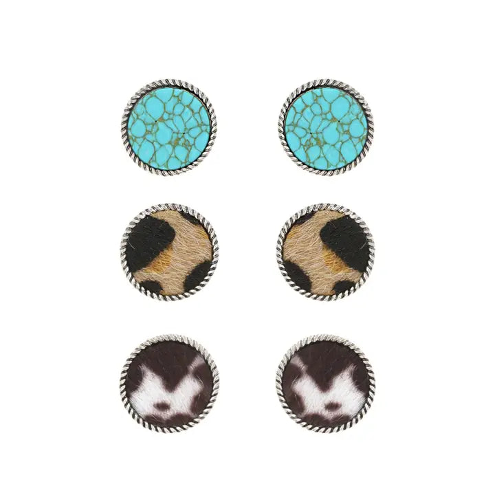 3 Pair Circular Cow Hide & Semi Stone Stud Earring Set