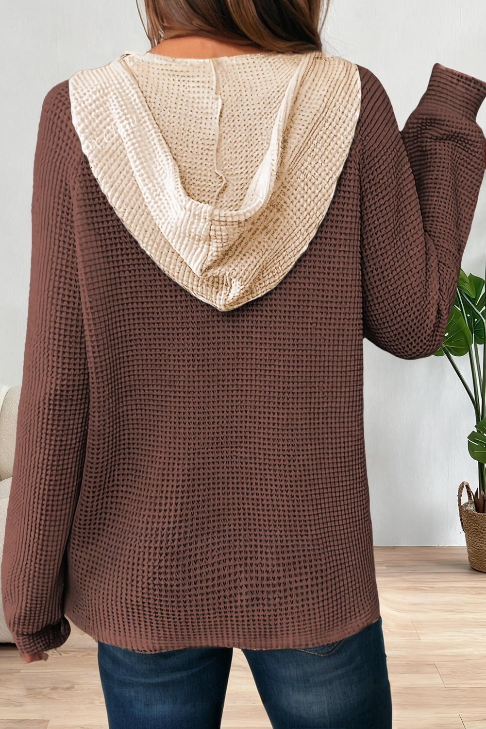Waffle Contrast Half Buttoned Hooded Pullover Top