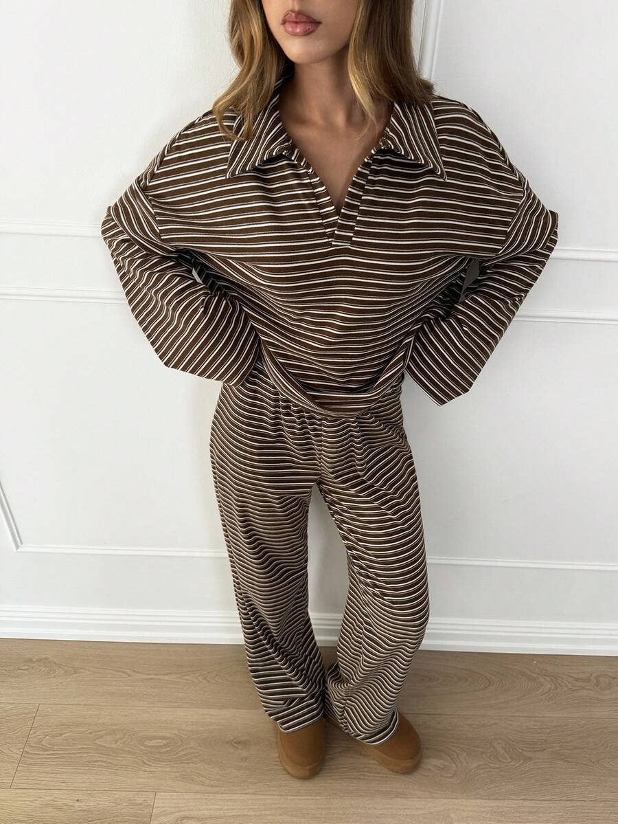 Striped Lounge Set Casual Collared Pullover Wide Leg Pants