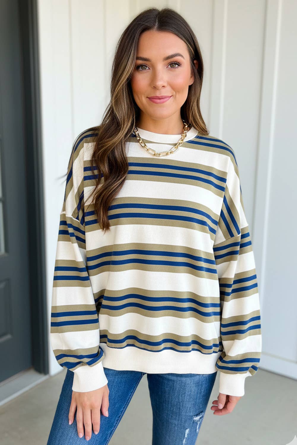 Stripe Crew Neck Drop Shoulder Pullover Top