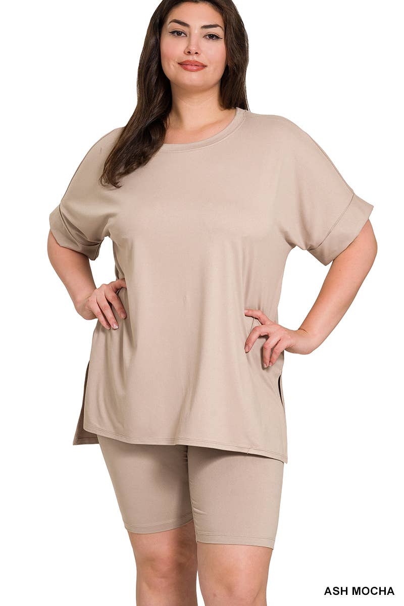 Plus Microfiber Top & Biker Shorts 2Pc Set - Zenana