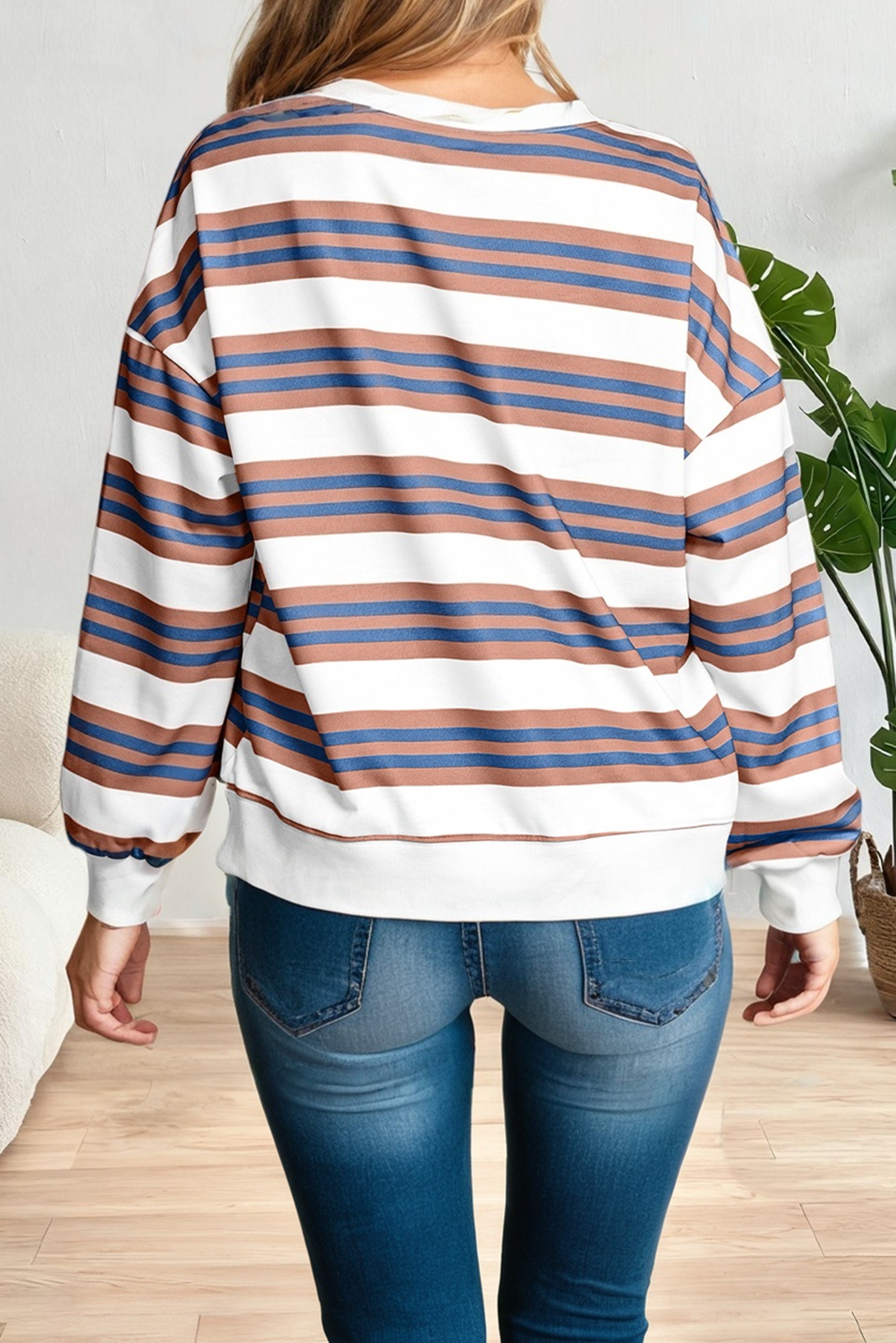 Stripe Crew Neck Drop Shoulder Pullover Top