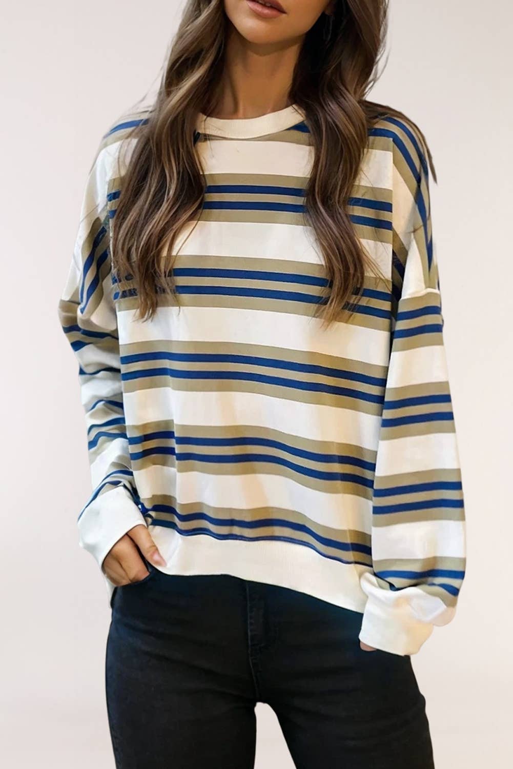 Stripe Crew Neck Drop Shoulder Pullover Top