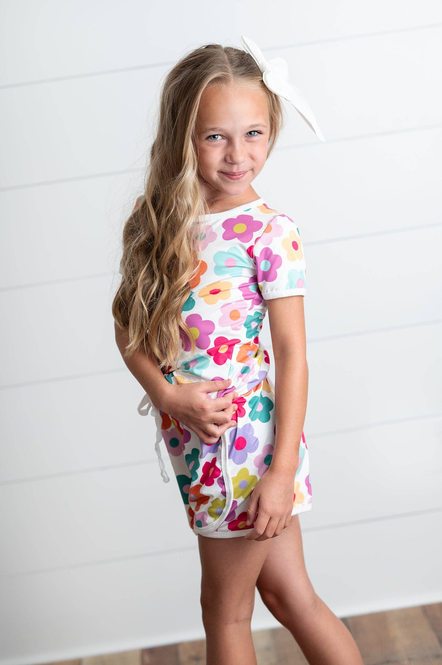 Girls Bright Pink Teal Flower Spring Summer Short Set