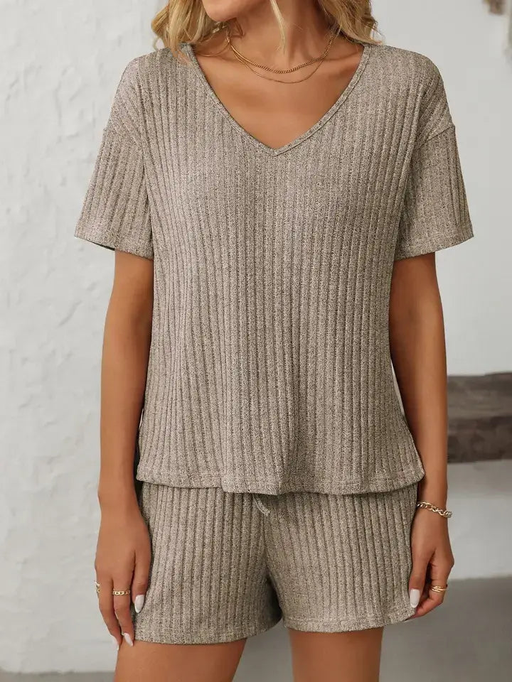 Ribbed V Neck Short Sleeve Lounge Set with Drawstring Shorts