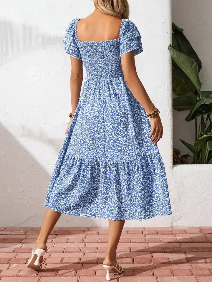 Blue Floral Smocked Square Neck Midi Dress