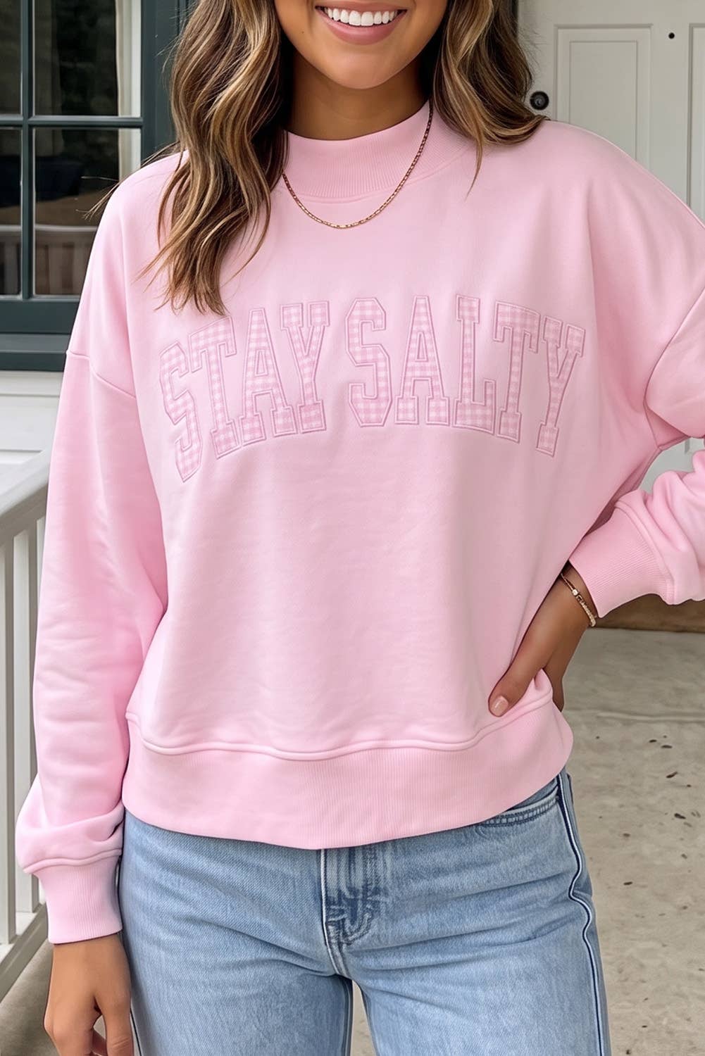 LAS Cozy Plaid Letter Patchwork Mock Neck Sweatshirt (S-XL)