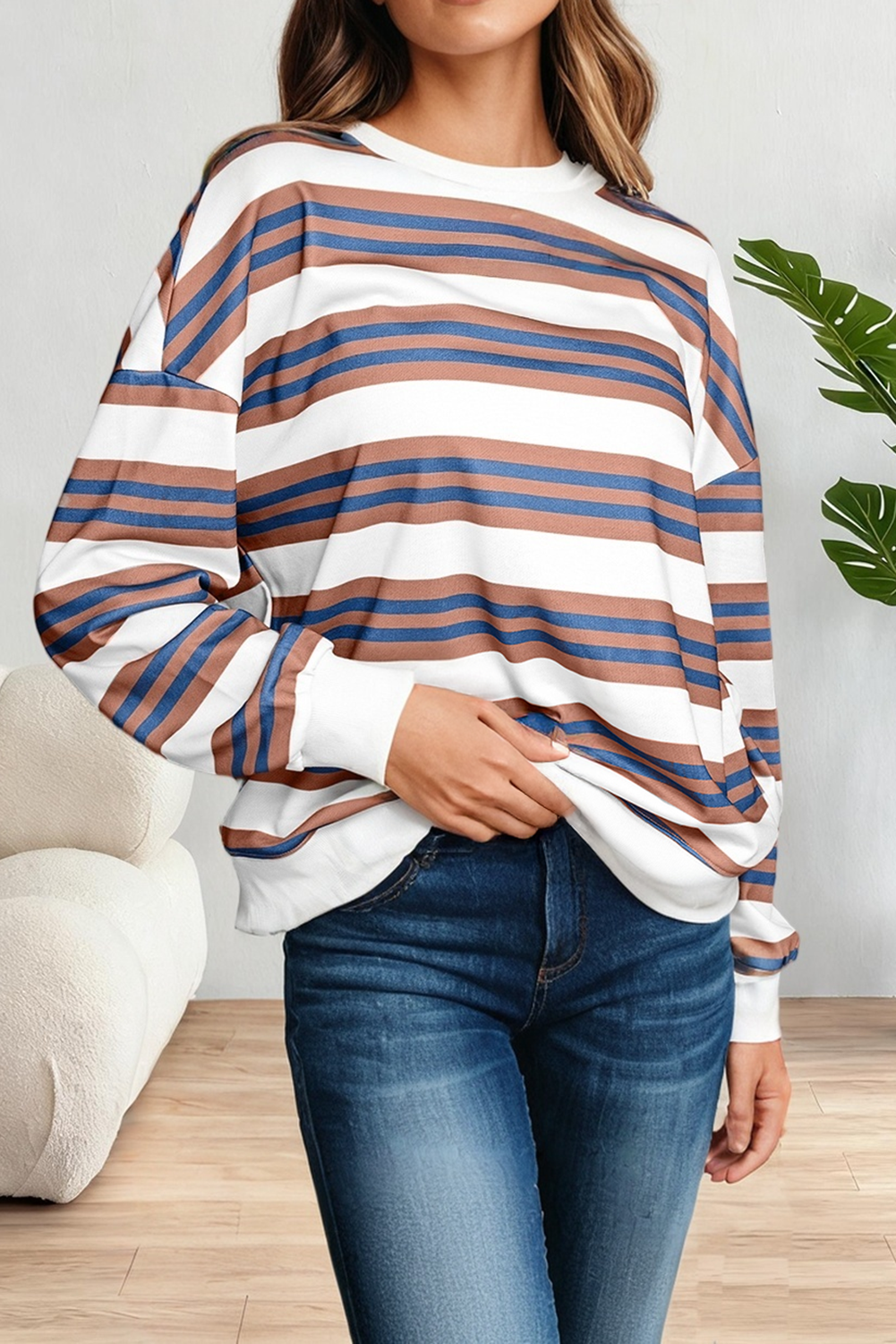 Stripe Crew Neck Drop Shoulder Pullover Top