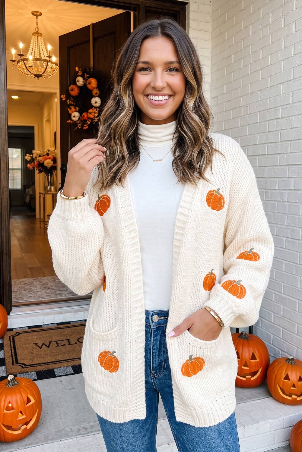 LAS Fall Pumpkin Christmas Tree Open Front Cardigan (S-XL)