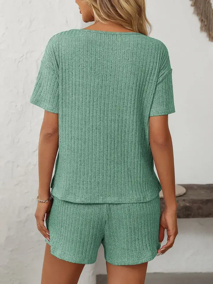 Ribbed V Neck Short Sleeve Lounge Set with Drawstring Shorts
