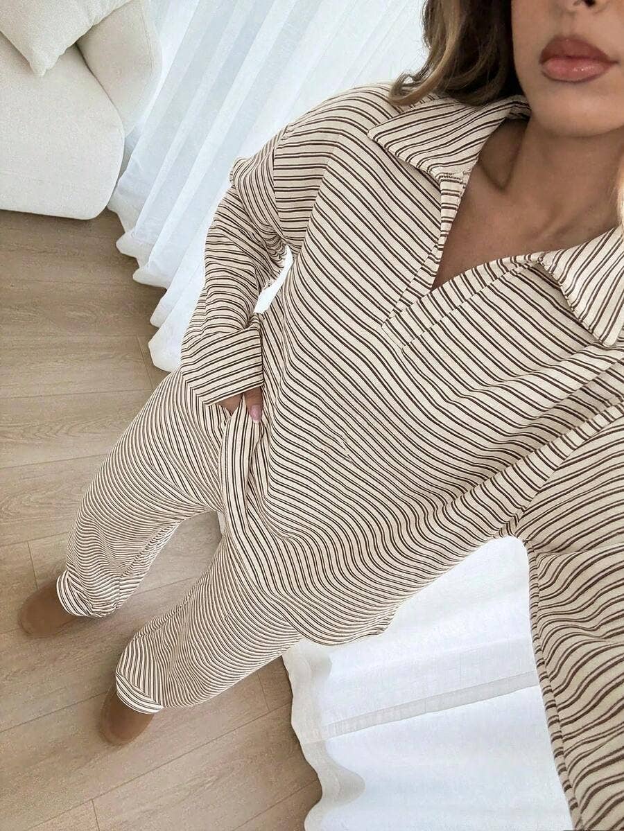 Striped Lounge Set Casual Collared Pullover Wide Leg Pants