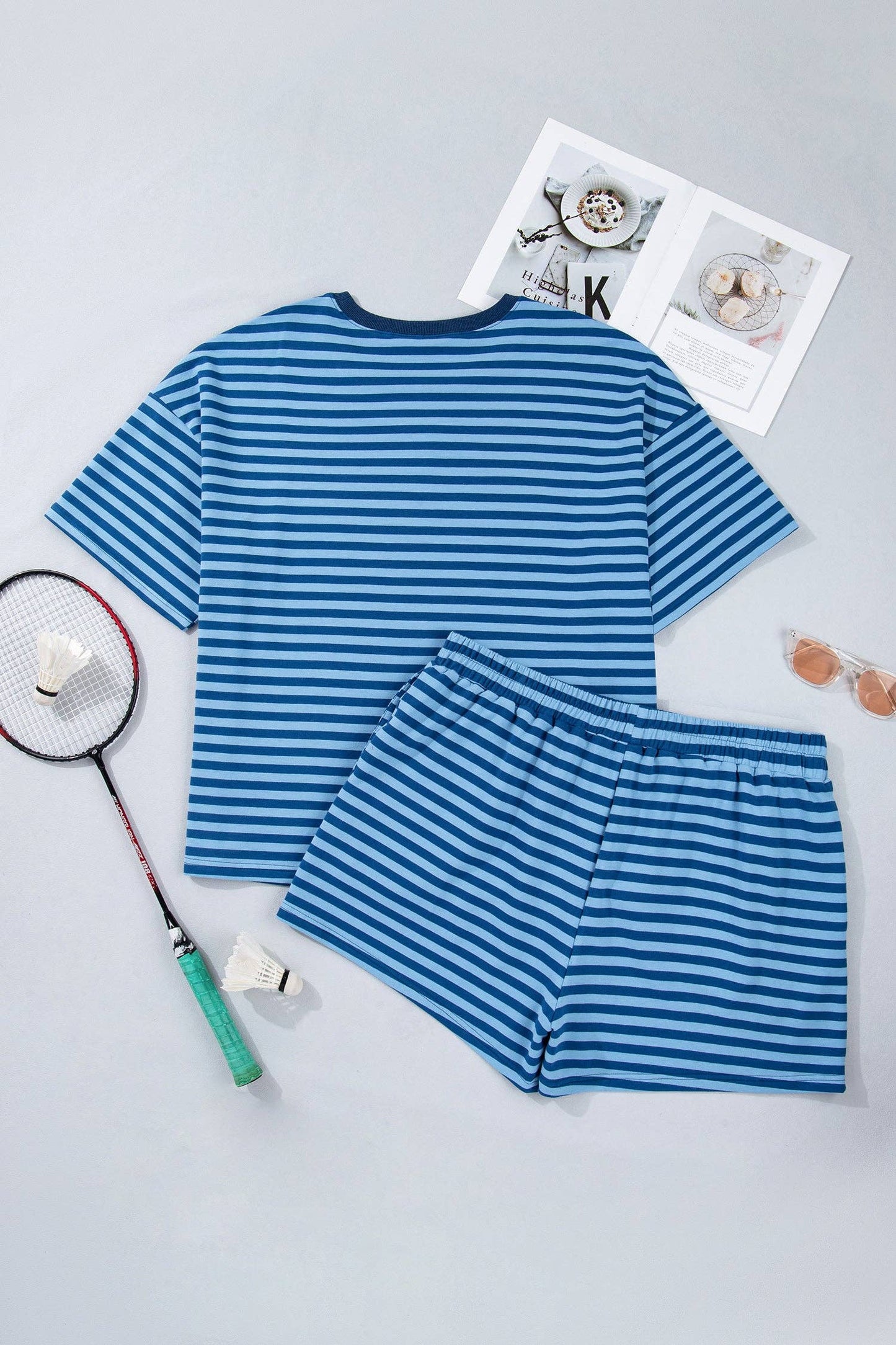 PRETTY BASH Plus Size Stripe Dropped Shoulder Tee & Shorts Set