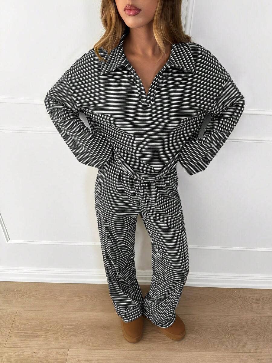 Striped Lounge Set Casual Collared Pullover Wide Leg Pants