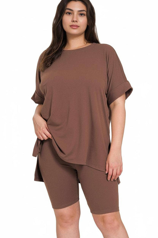 Plus Microfiber Top & Biker Shorts 2Pc Set - Zenana