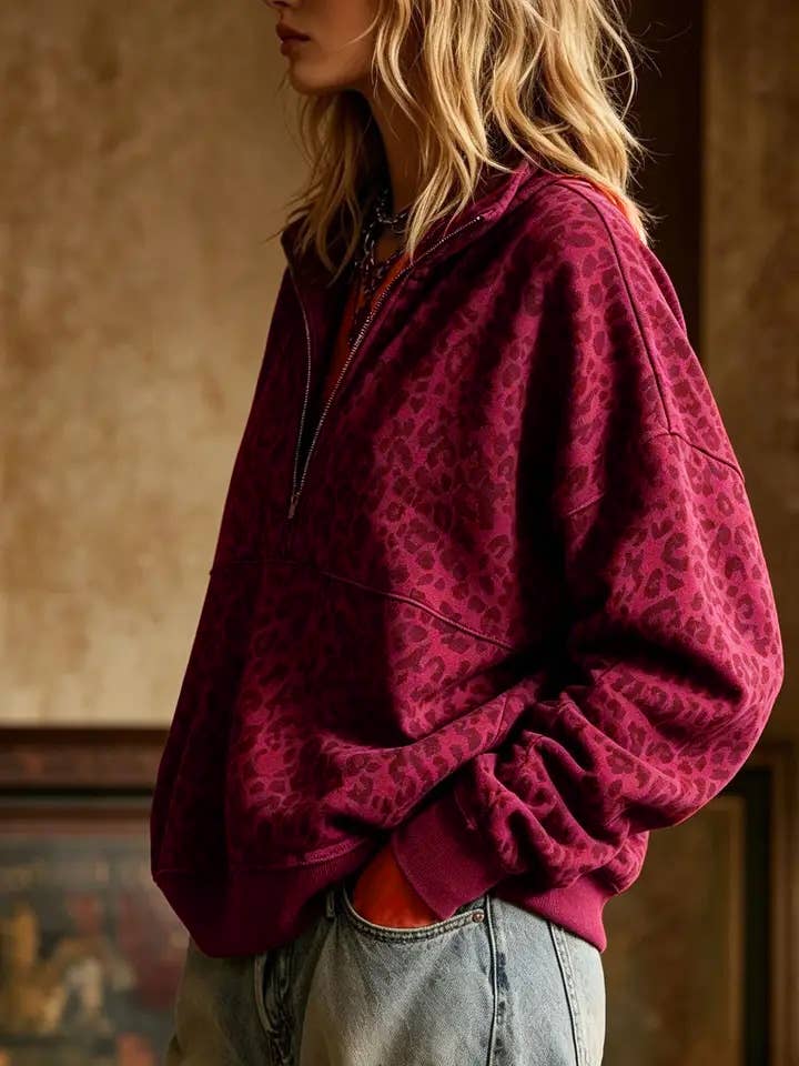 Leopard Print Half Zip Oversized Pullover Sweatshirt