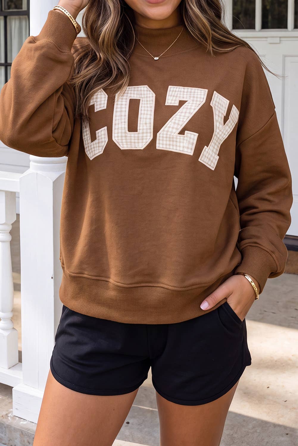 LAS Cozy Plaid Letter Patchwork Mock Neck Sweatshirt (S-XL)