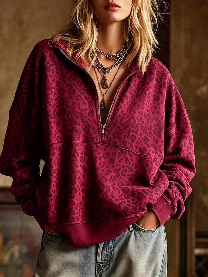 Leopard Print Half Zip Oversized Pullover Sweatshirt