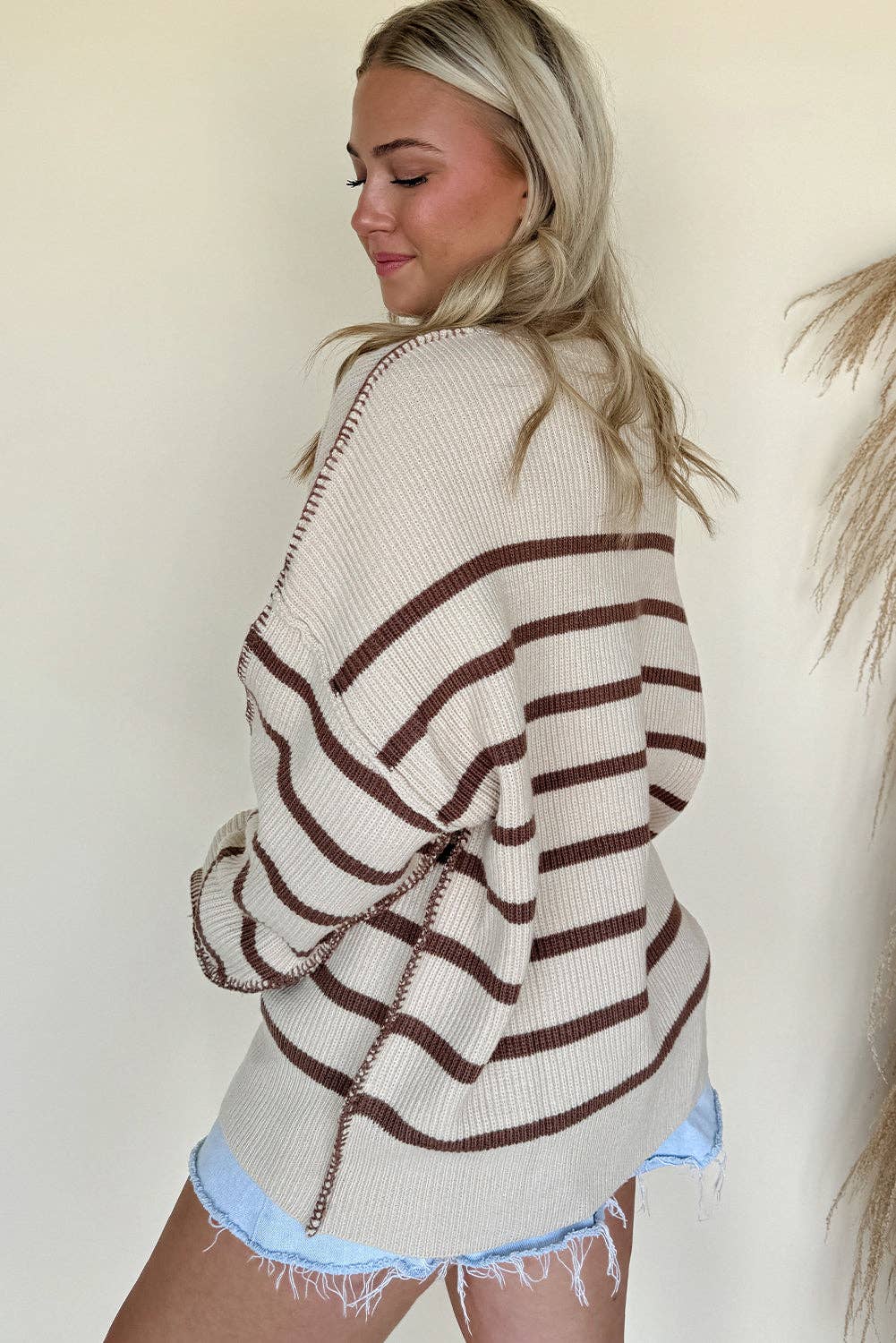 Brown Stripe Ribbed Henley Drop Shoulder Slouchy Sweater