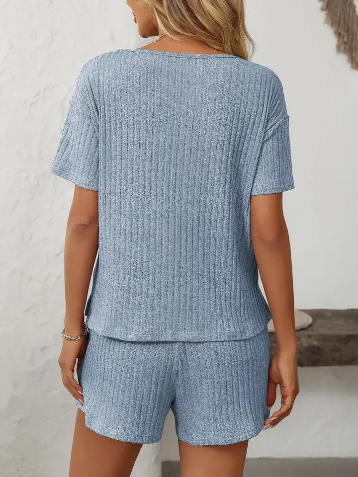 Ribbed V Neck Short Sleeve Lounge Set with Drawstring Shorts