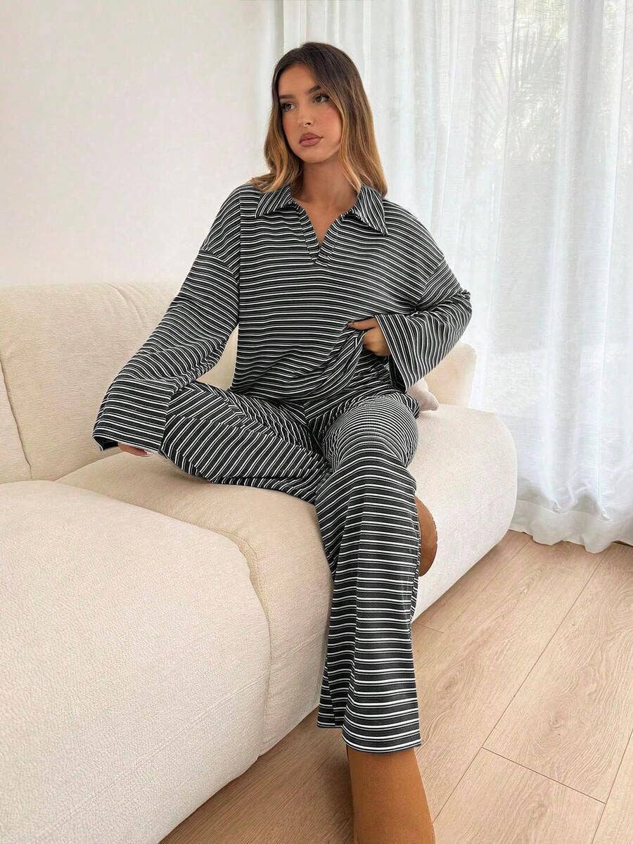 Striped Lounge Set Casual Collared Pullover Wide Leg Pants