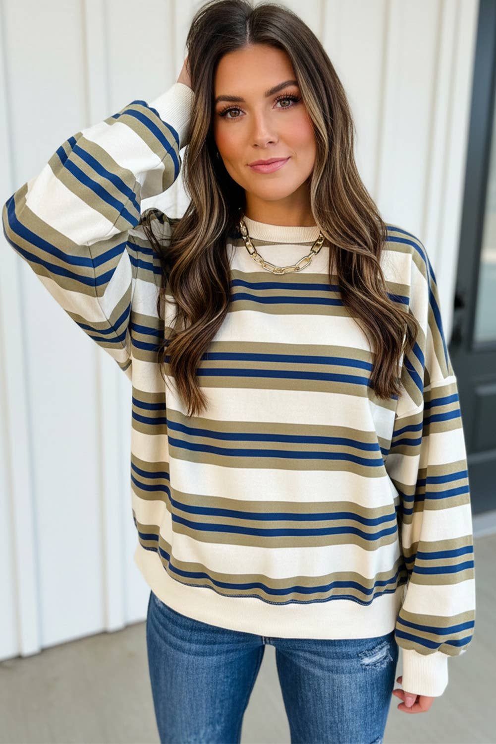 Stripe Crew Neck Drop Shoulder Pullover Top
