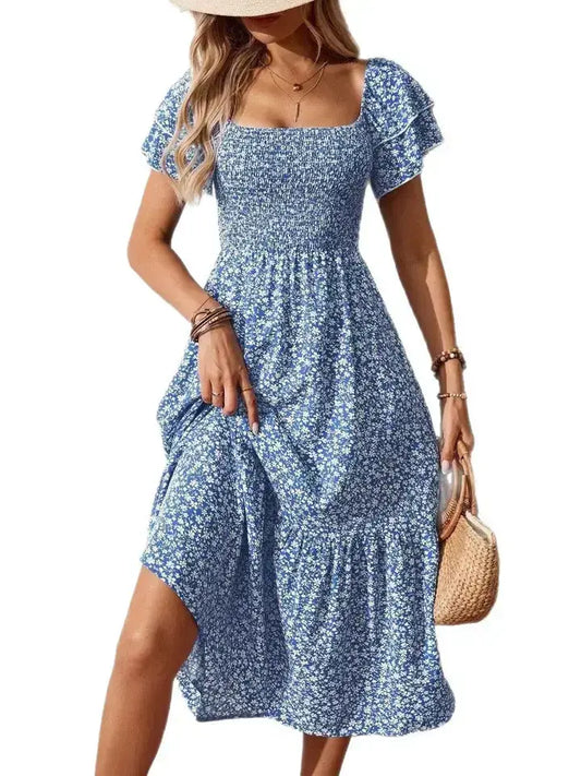 Blue Floral Smocked Square Neck Midi Dress