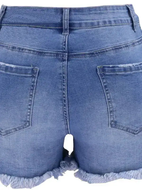 High Waist Distressed Denim Shorts with Frayed Hem