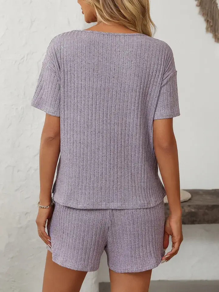 Ribbed V Neck Short Sleeve Lounge Set with Drawstring Shorts
