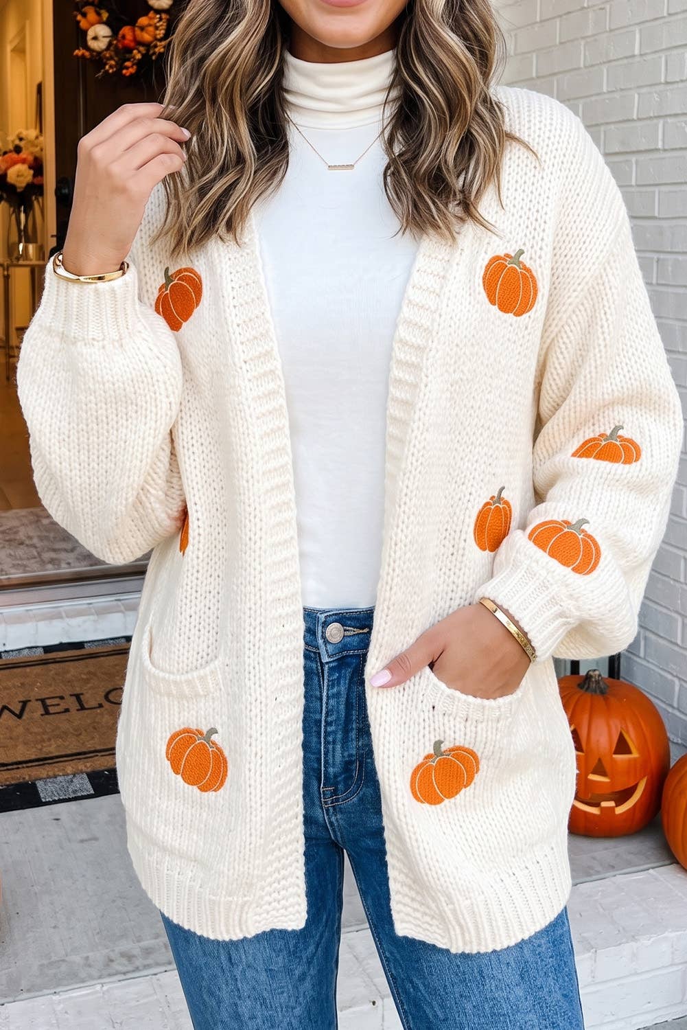 LAS Fall Pumpkin Christmas Tree Open Front Cardigan (S-XL)
