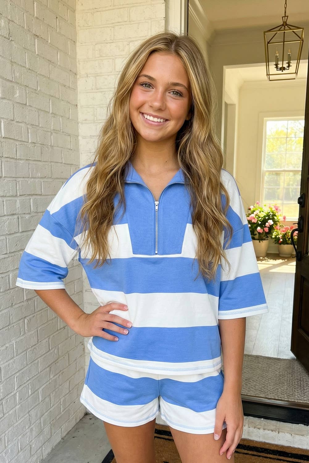 LAS Stripe Seam Half Zip Oversize Tee Shorts Set (S-XL)