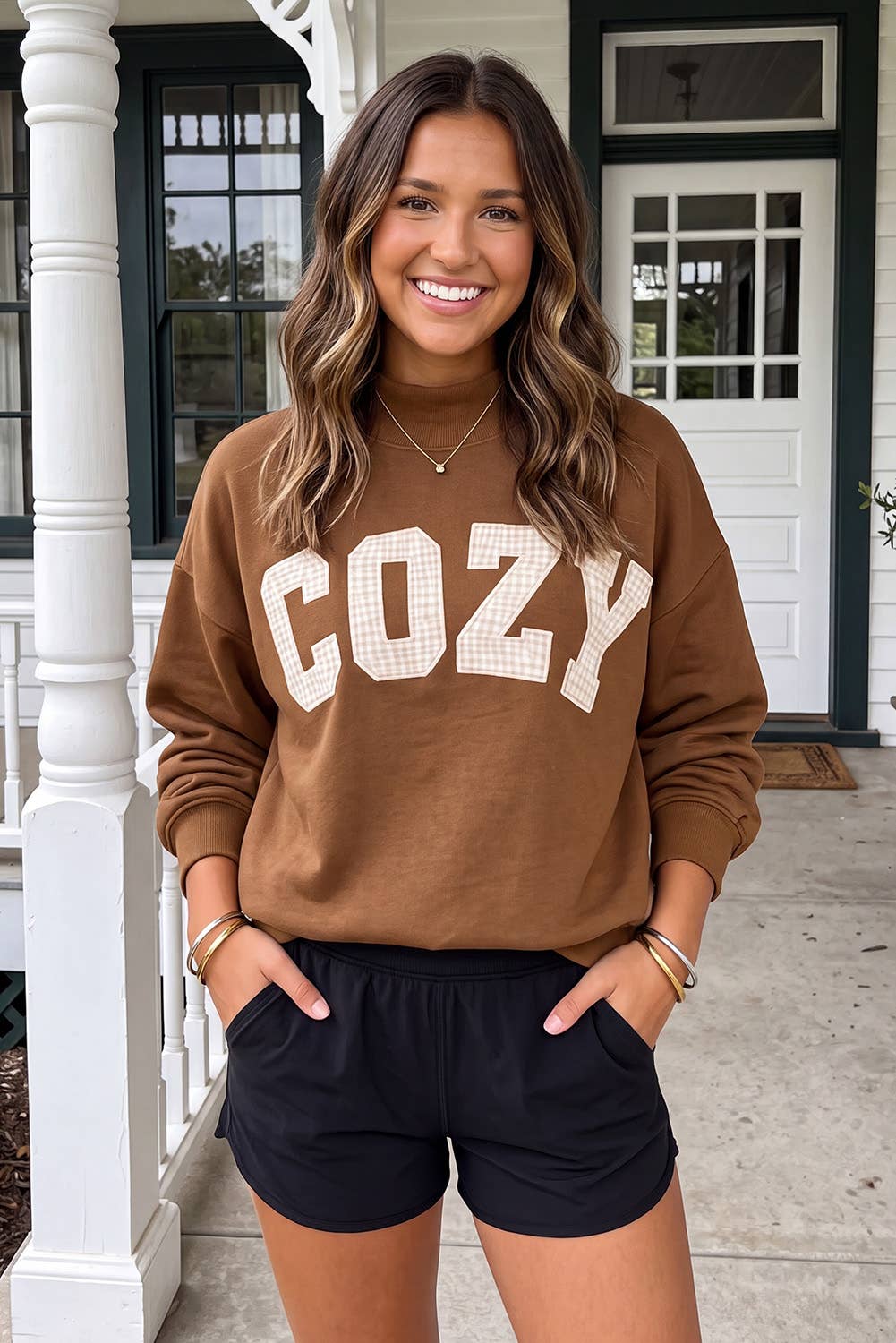 LAS Cozy Plaid Letter Patchwork Mock Neck Sweatshirt (S-XL)