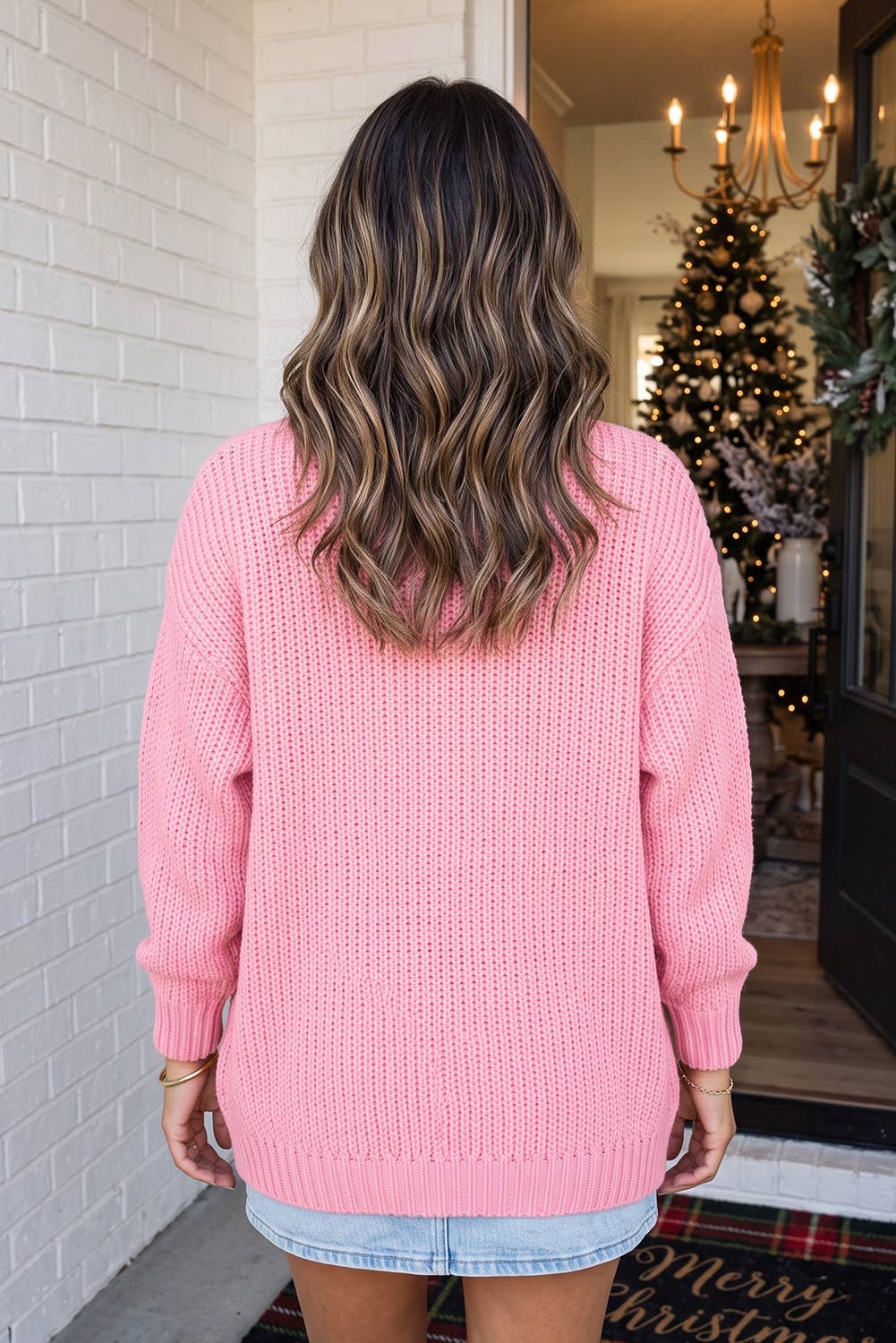 LAS Fall Pumpkin Christmas Tree Open Front Cardigan (S-XL)