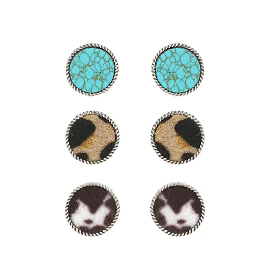 3 Pair Circular Cow Hide & Semi Stone Stud Earring Set