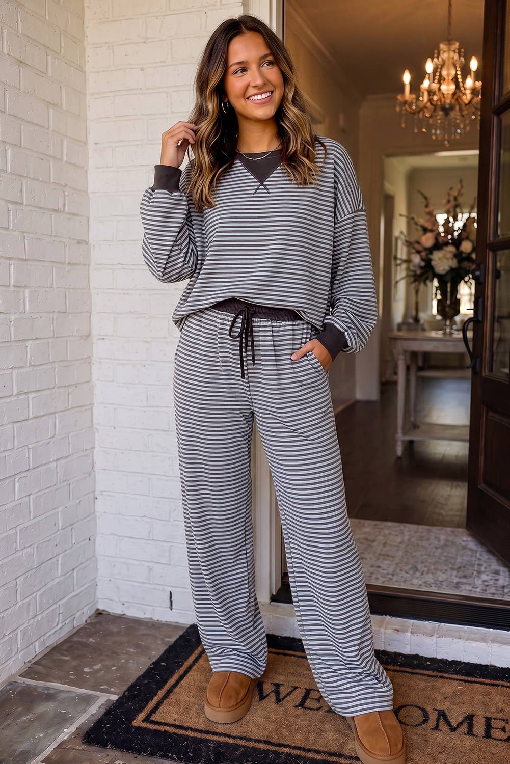 LAS Striped Colorblock Trim Crew Neck Pants Set (S-XL)