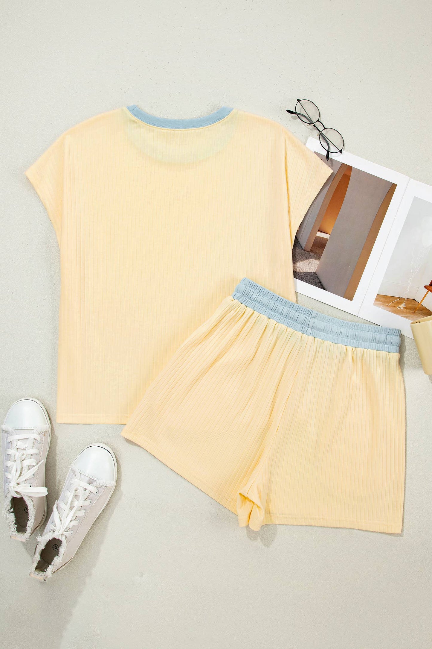 LAS Ribbed Color Block Trim Casual Shorts Set (S-4X)