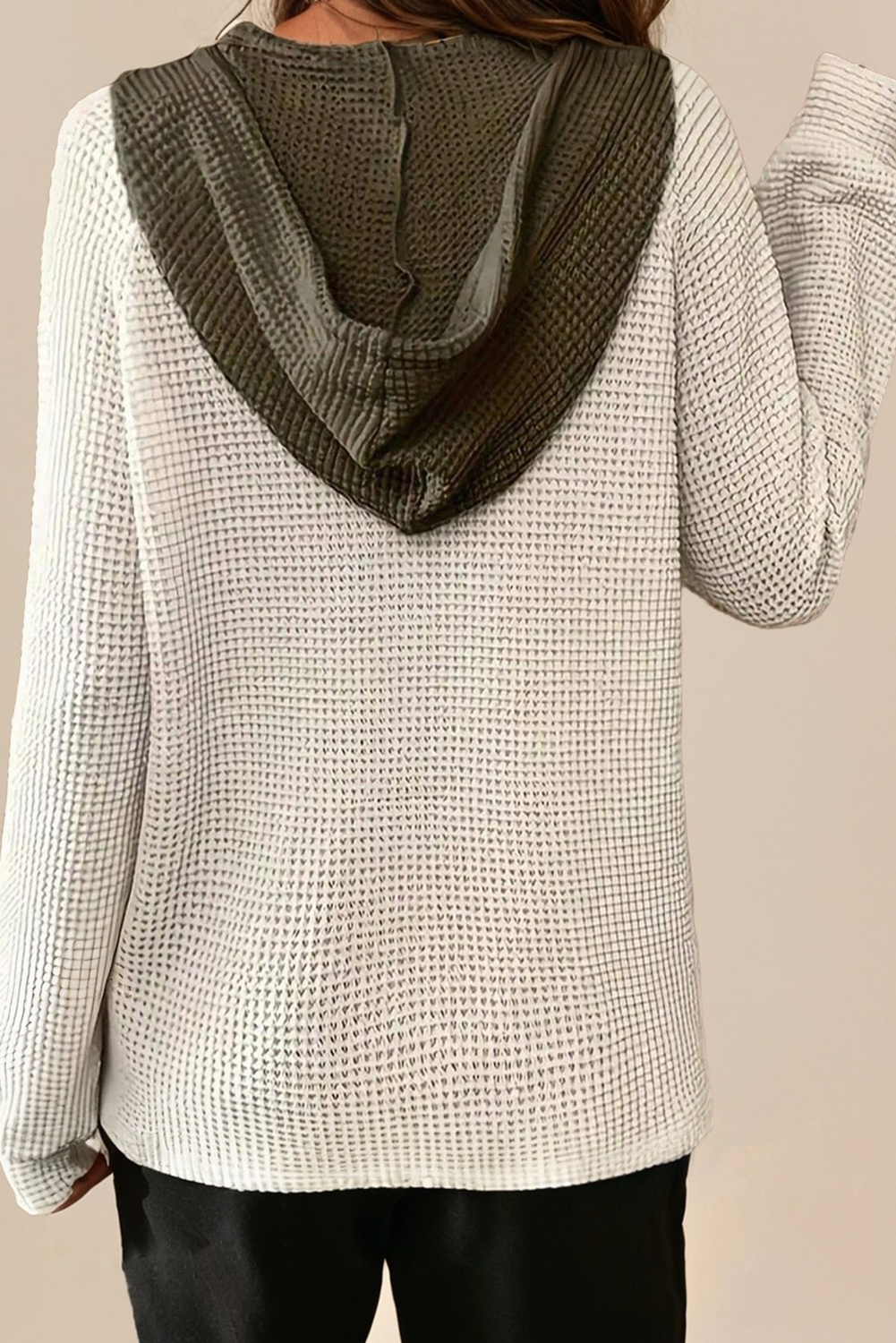Waffle Contrast Half Buttoned Hooded Pullover Top