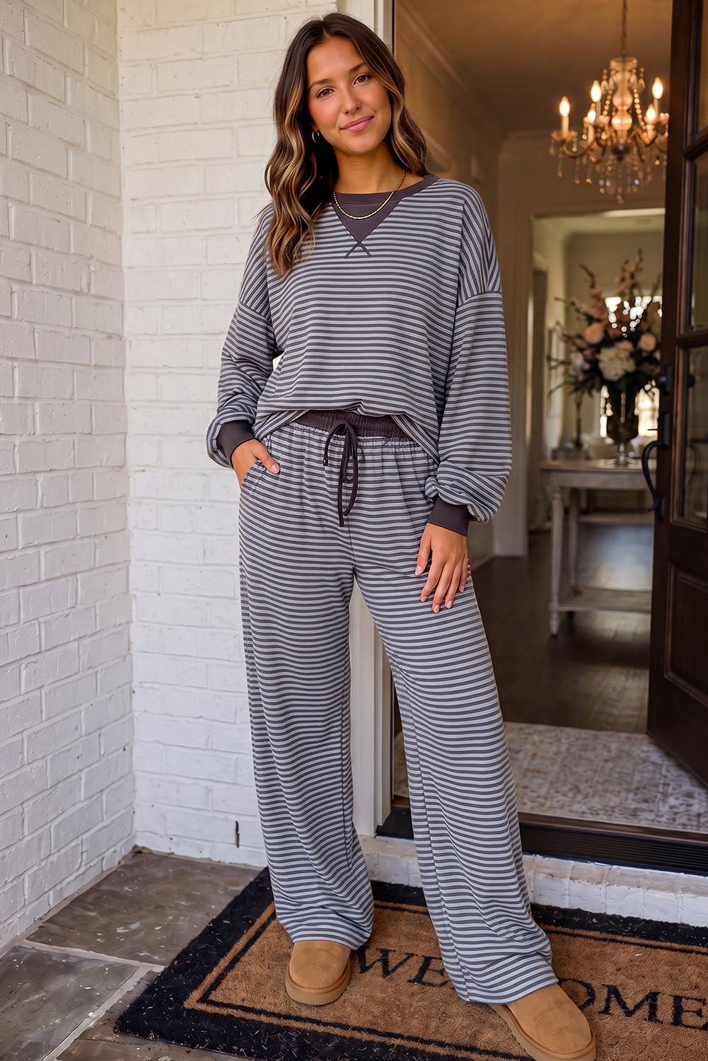 LAS Striped Colorblock Trim Crew Neck Pants Set (S-XL)