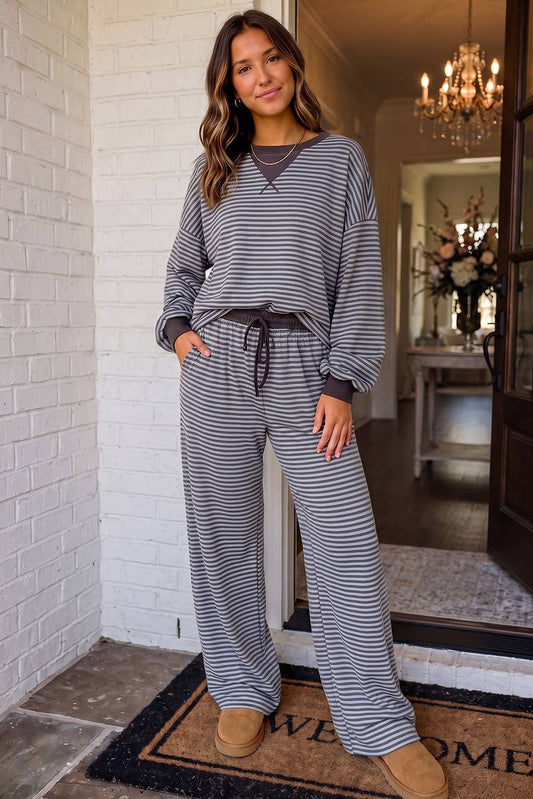 LAS Striped Colorblock Trim Crew Neck Pants Set (S-XL)