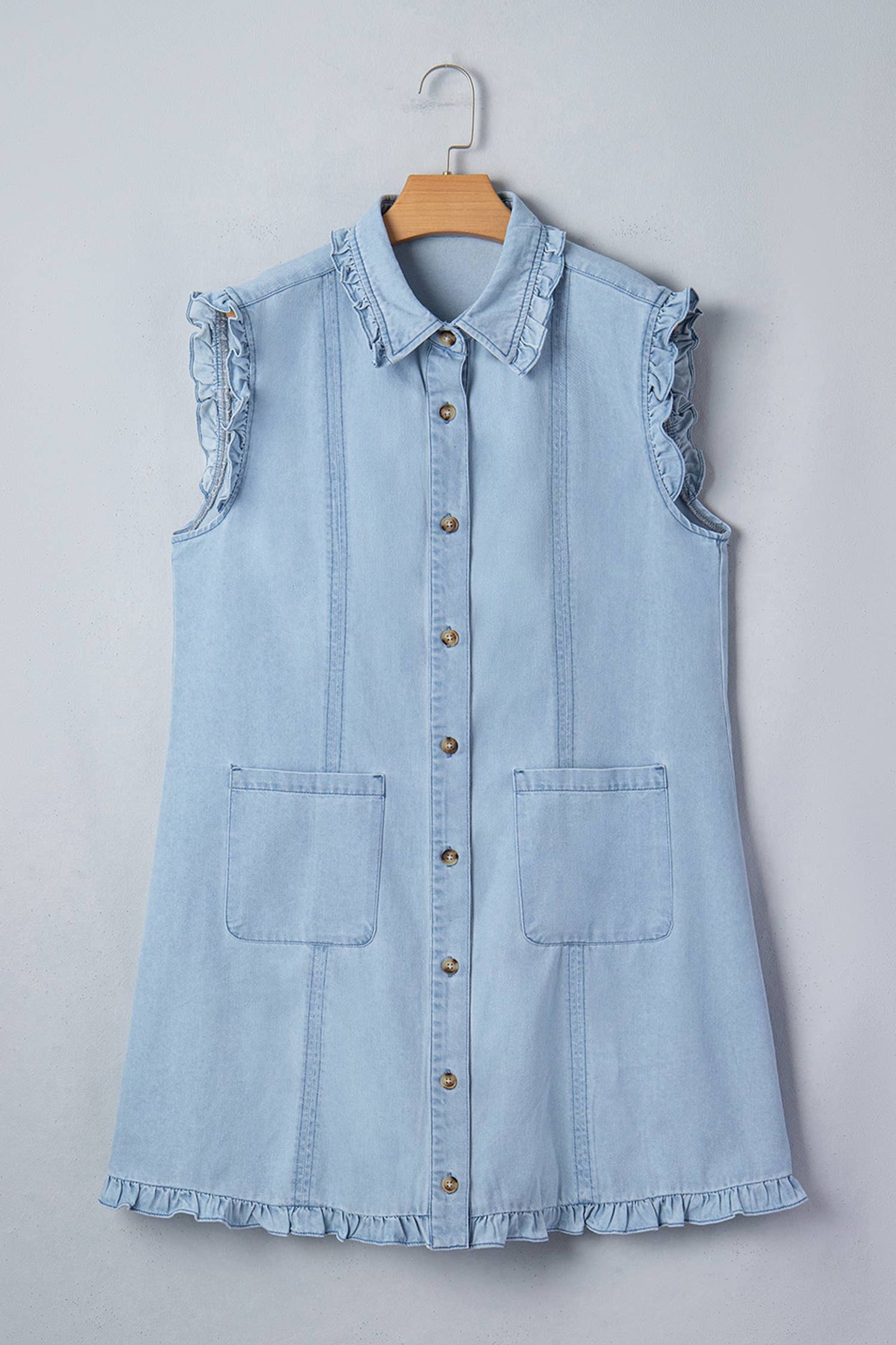 LALALOO Denim Ruffle Trim Collared Shirt Dress
