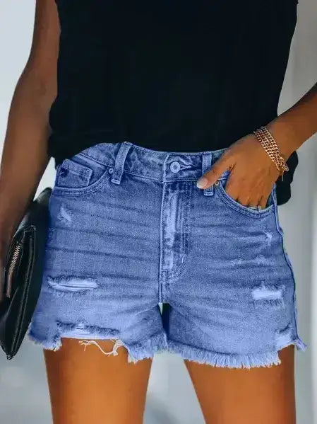 High Waist Distressed Denim Shorts with Frayed Hem