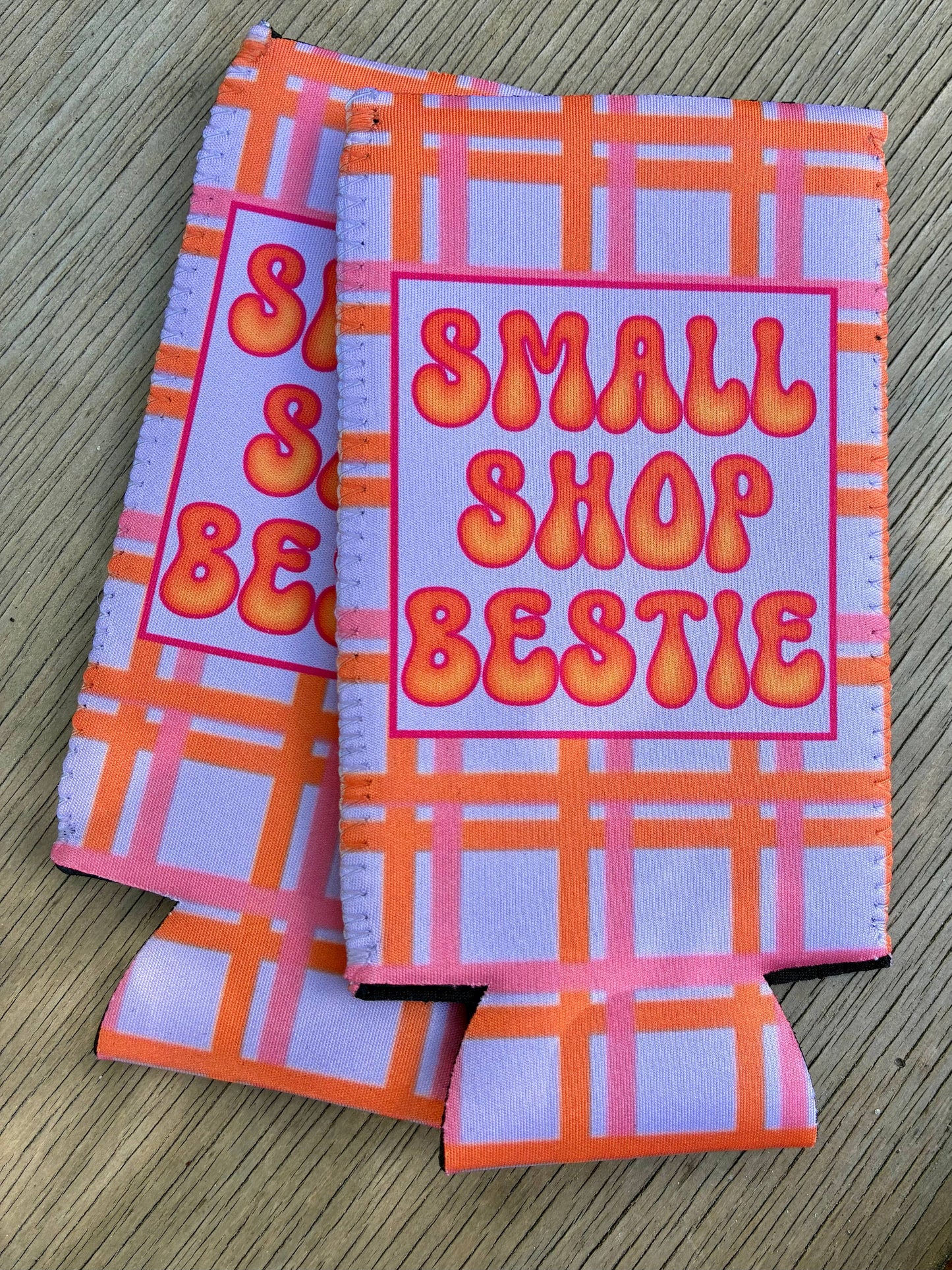 Shop small bestie orange and pink can koozies