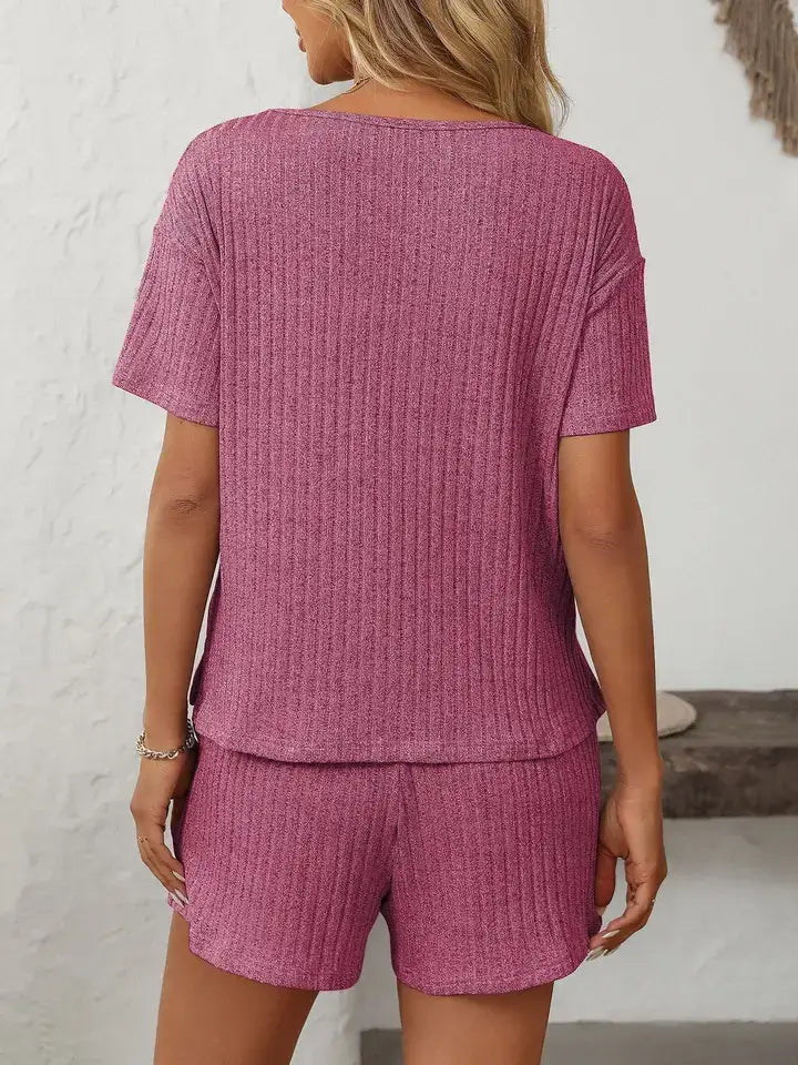Ribbed V Neck Short Sleeve Lounge Set with Drawstring Shorts