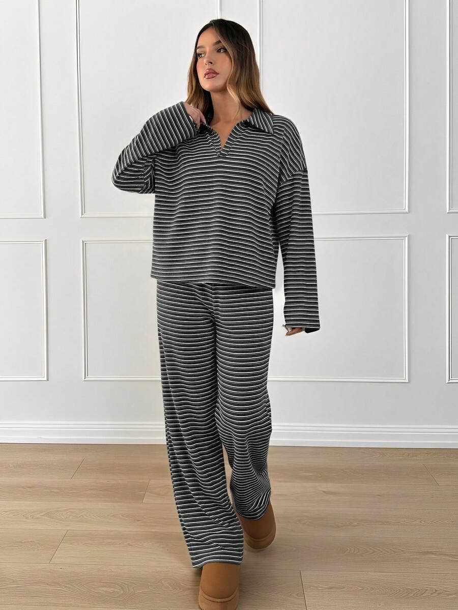 Striped Lounge Set Casual Collared Pullover Wide Leg Pants