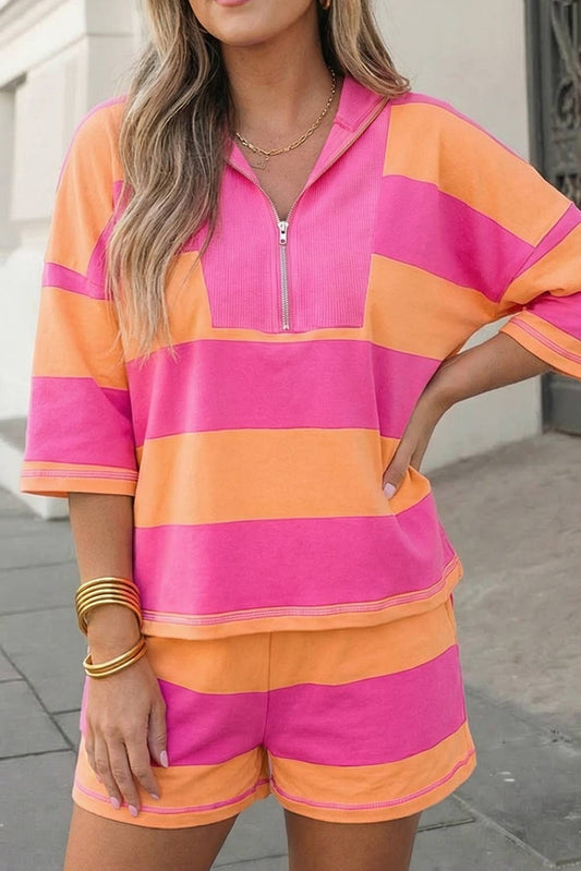 Stripe Seam Detail  Half Zip Oversize 2pcs Shorts Set | S-XL