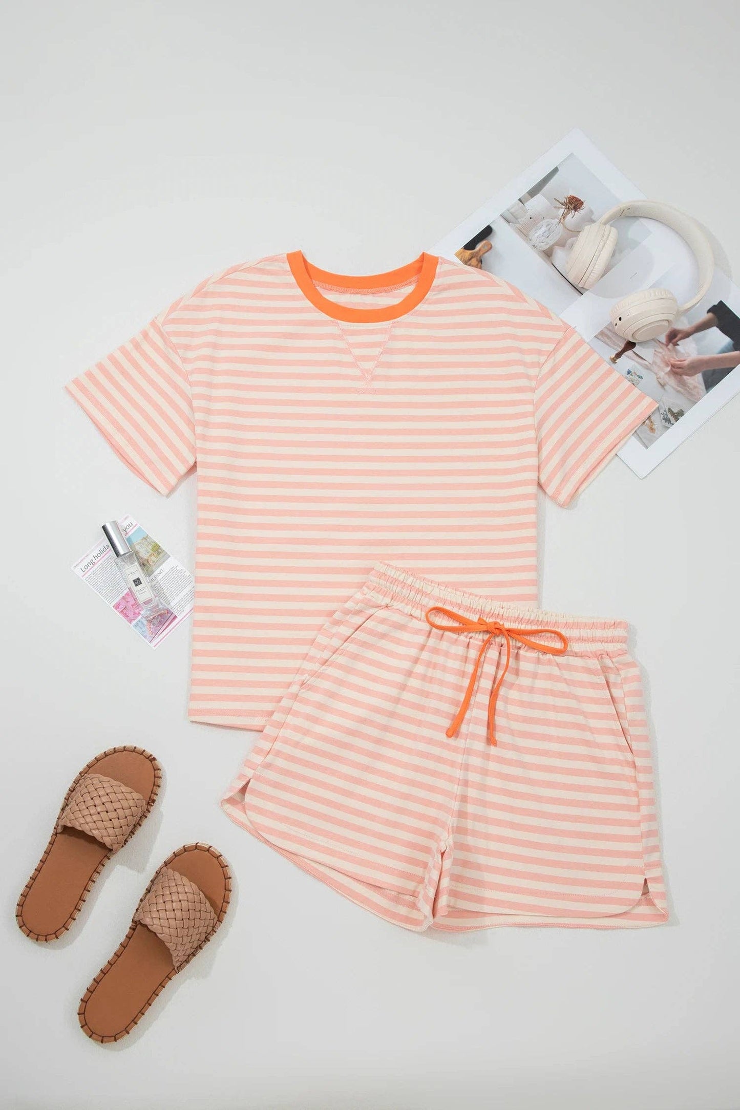 PRETTY BASH Stripe Contrast Trim Tee & Drawstring Shorts Set