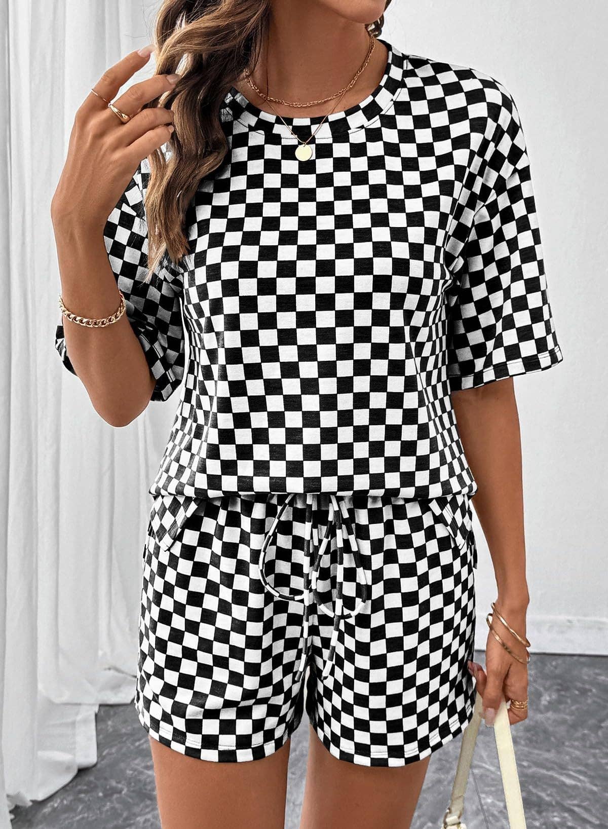 Women's Checkerboard Lounge Set Drawstring Shorts Casual