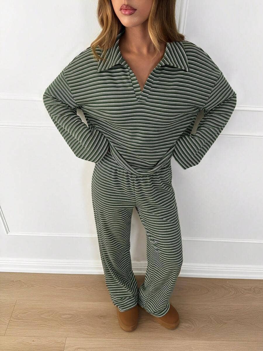 Striped Lounge Set Casual Collared Pullover Wide Leg Pants