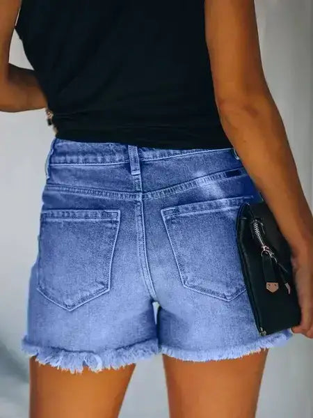 High Waist Distressed Denim Shorts with Frayed Hem